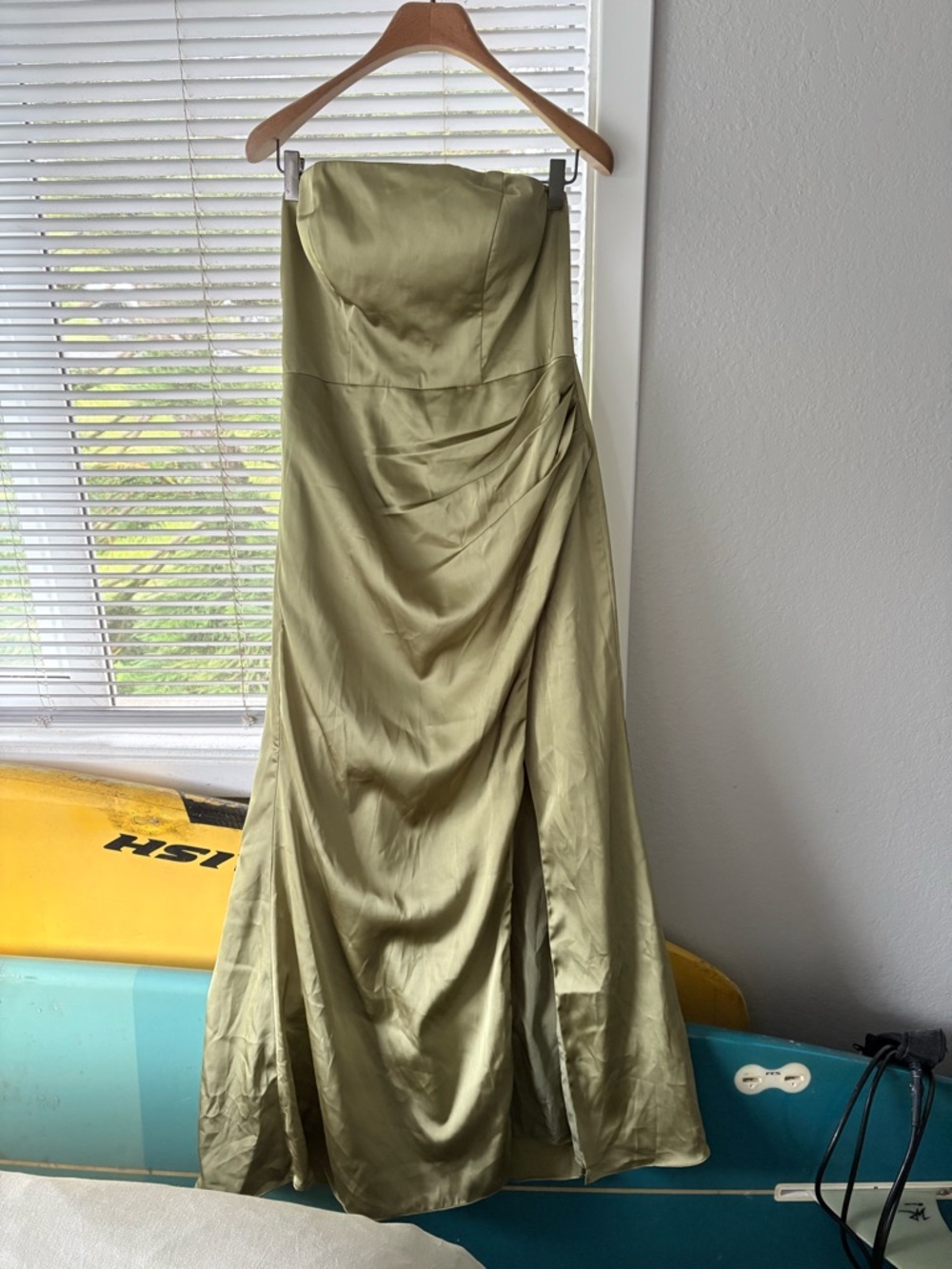 Strapless Olive Satin Evening Dress